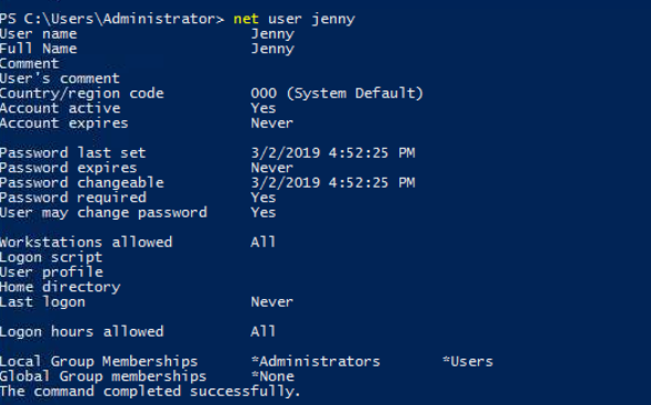 net user Jenny output